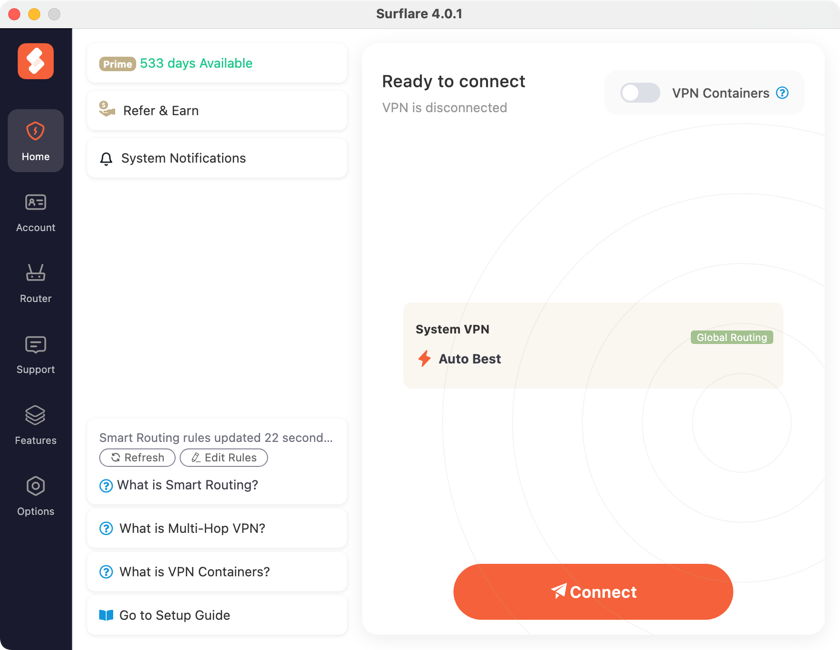 Surflare main screen